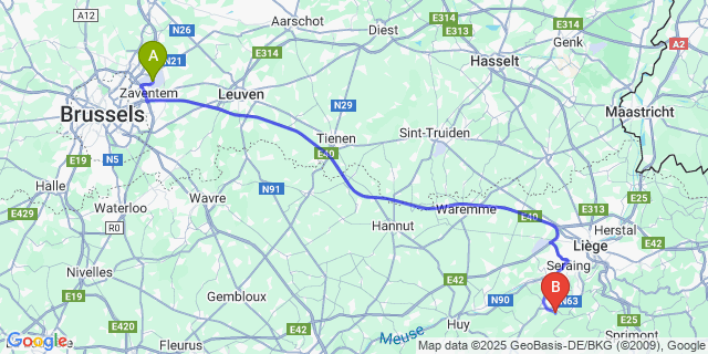 Map: Brussels Zaventem Airport (BRU) to Rotheux-Rimiere