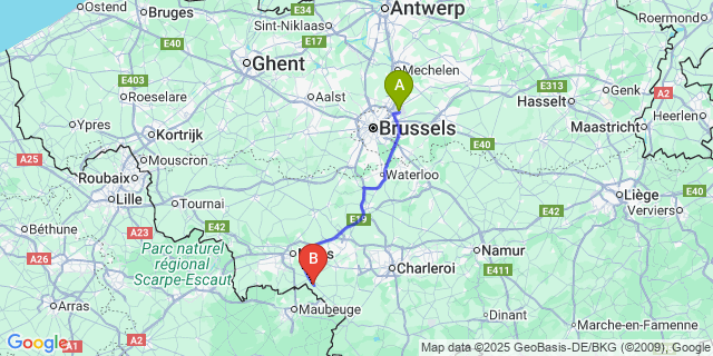 Map: Brussels Zaventem Airport (BRU) to Rouveroy