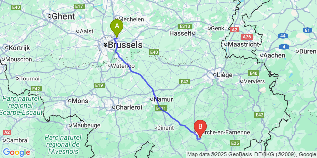 Map: Brussels Zaventem Airport (BRU) to Roy