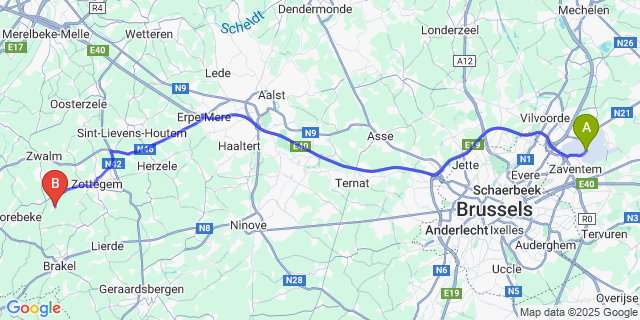 Map: Brussels Zaventem Airport (BRU) to Rozebeke