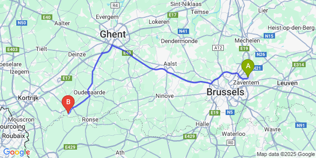 Map: Brussels Zaventem Airport (BRU) to Ruien