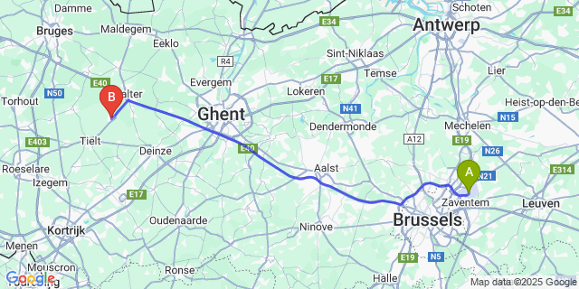 Map: Brussels Zaventem Airport (BRU) to Ruiselede