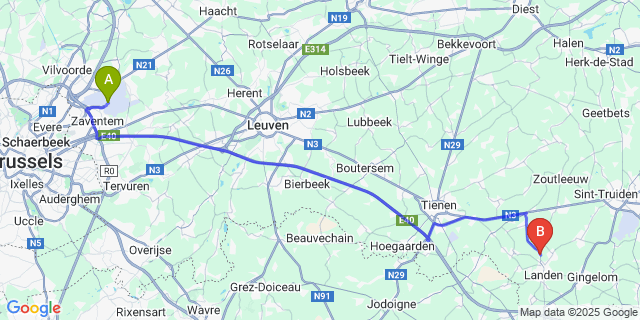 Map: Brussels Zaventem Airport (BRU) to Rumsdorp