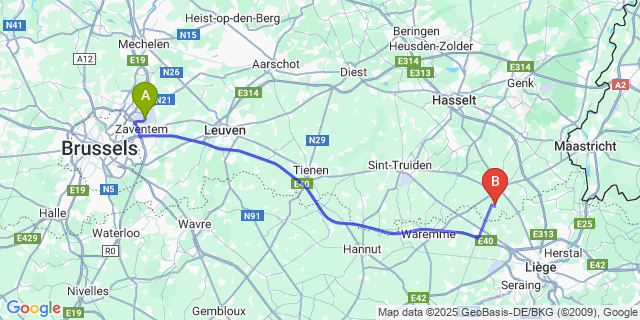 Map: Brussels Zaventem Airport (BRU) to Rutten