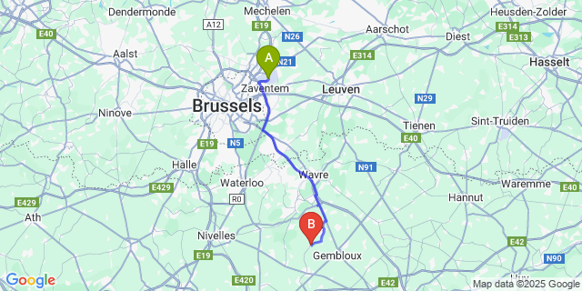 Map: Brussels Zaventem Airport (BRU) to Saint-Gery