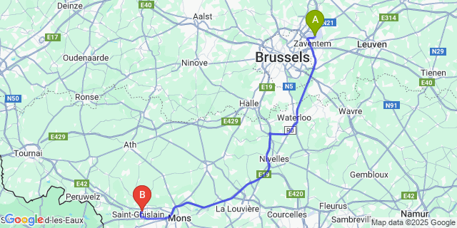 Map: Brussels Zaventem Airport (BRU) to Saint-Ghislain