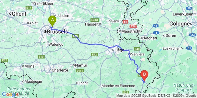 Map: Brussels Zaventem Airport (BRU) to Sankt-Vith