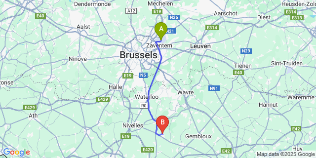Map: Brussels Zaventem Airport (BRU) to Sart-Dames-Avelines