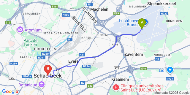 Map: Brussels Zaventem Airport (BRU) to Schaerbeek