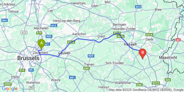 Map: Brussels Zaventem Airport (BRU) to Schalkhoven