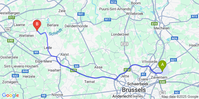 Map: Brussels Zaventem Airport (BRU) to Schellebelle