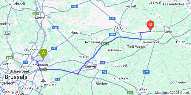 Map: Brussels Zaventem Airport (BRU) to Scherpenheuvel