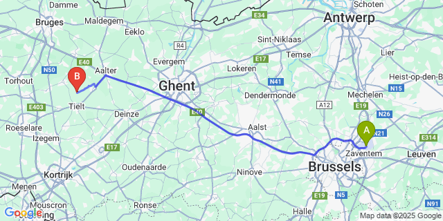Map: Brussels Zaventem Airport (BRU) to Schuiferskapelle