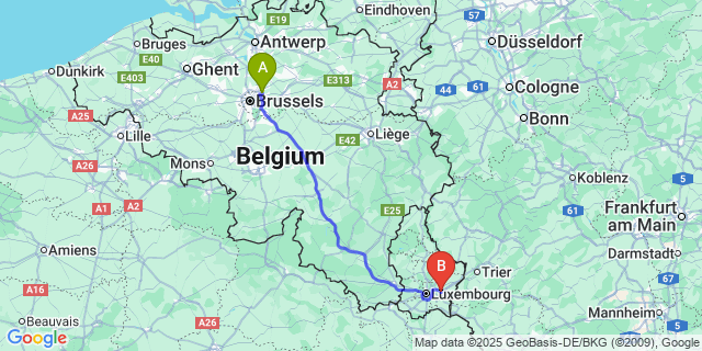 Map: Brussels Zaventem Airport (BRU) to Schuttrange