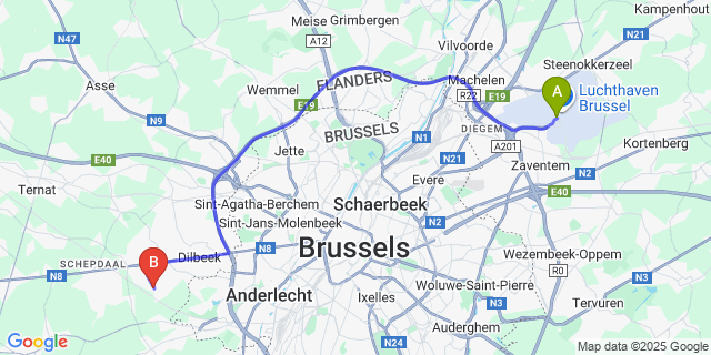 Map: Brussels Zaventem Airport (BRU) to Sint-Anna-Pede