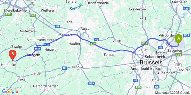 Map: Brussels Zaventem Airport (BRU) to Sint-Blasius-Boekel