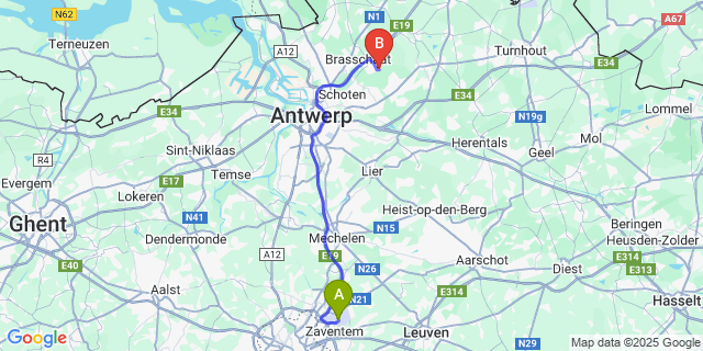 Map: Brussels Zaventem Airport (BRU) to Sint-Job-In-T-Goor