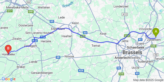Map: Brussels Zaventem Airport (BRU) to Sint-Maria-Horebeke