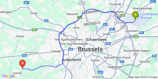 Map: Brussels Zaventem Airport (BRU) to Sint-Martens-Lennik