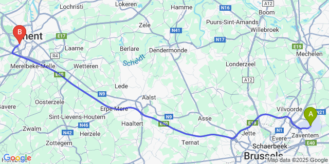 Map: Brussels Zaventem Airport (BRU) to Sint-Pieters-Aaigem