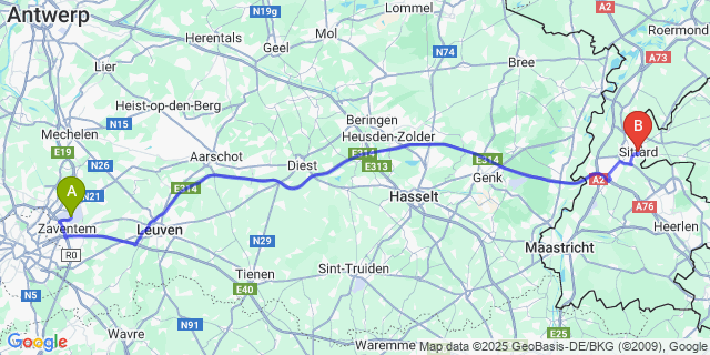 Map: Brussels Zaventem Airport (BRU) to Sittard
