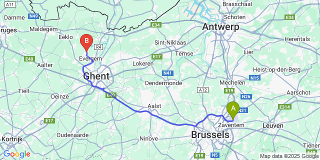 Map: Brussels Zaventem Airport (BRU) to Sleidinge