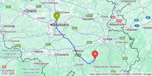 Map: Brussels Zaventem Airport (BRU) to Somme-Leuze