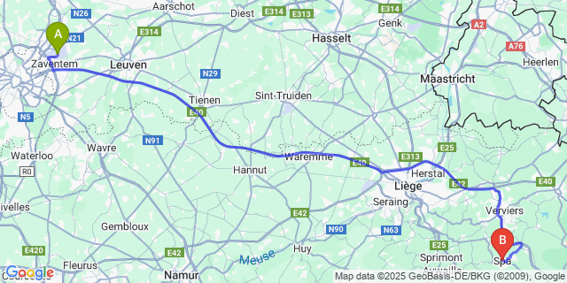 Map: Brussels Zaventem Airport (BRU) to Spa