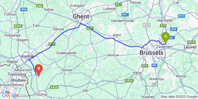 Map: Brussels Zaventem Airport (BRU) to Spiere-Helkijn