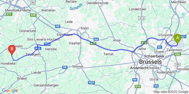 Map: Brussels Zaventem Airport (BRU) to St-Denijs-Boekel