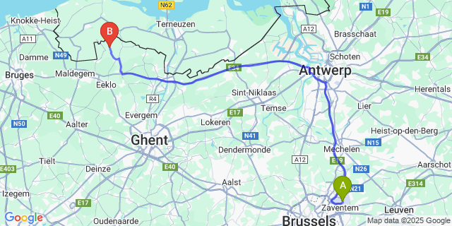 Map: Brussels Zaventem Airport (BRU) to St-Jan-in-Eremo