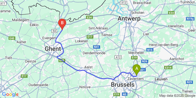 Map: Brussels Zaventem Airport (BRU) to St-Kruis-Winkel