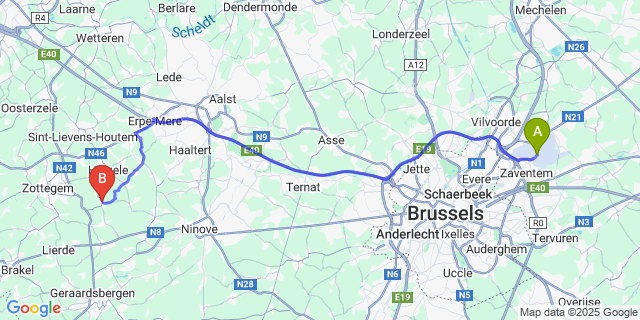 Map: Brussels Zaventem Airport (BRU) to St-Lievens-Esse