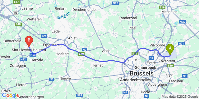 Map: Brussels Zaventem Airport (BRU) to St-Lievens-Houtem