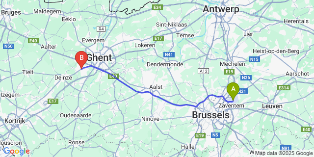 Map: Brussels Zaventem Airport (BRU) to St-Martens-Latem