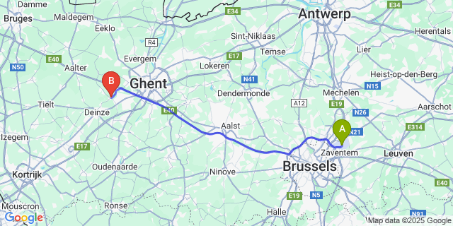 Map: Brussels Zaventem Airport (BRU) to St-Martens-Leerne