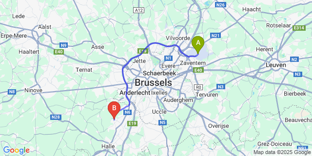 Map: Brussels Zaventem Airport (BRU) to St-Pieters-Leeuw