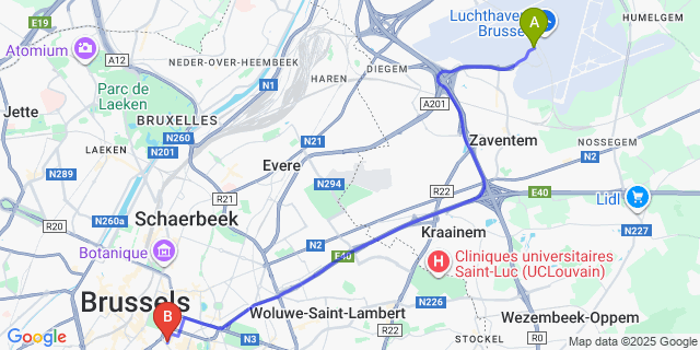 Map: Brussels Zaventem Airport (BRU) to Stanhope Hotel Brussels by Thon Hotels