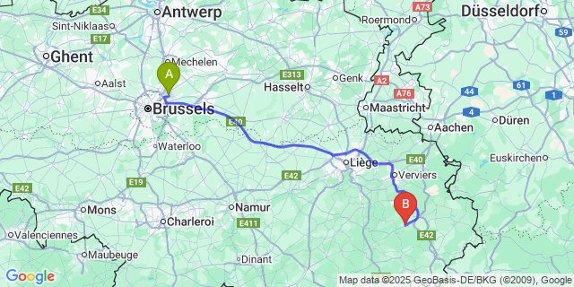 Map: Brussels Zaventem Airport (BRU) to Stavelot
