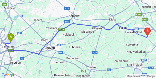 Map: Brussels Zaventem Airport (BRU) to Stevoort