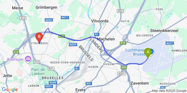 Map: Brussels Zaventem Airport (BRU) to Strombeek