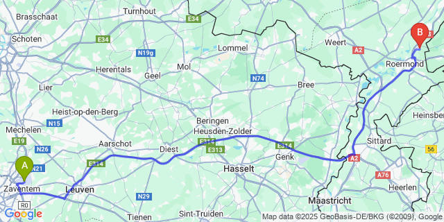 Map: Brussels Zaventem Airport (BRU) to Swalmen