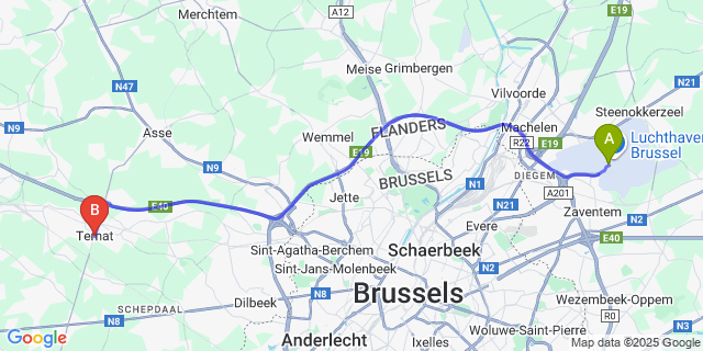 Map: Brussels Zaventem Airport (BRU) to Ternat