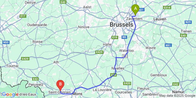 Map: Brussels Zaventem Airport (BRU) to Tertre