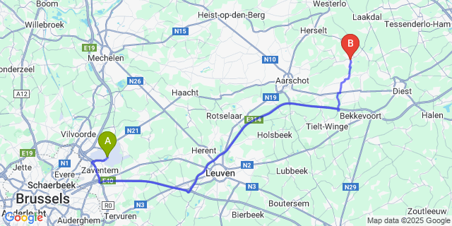 Map: Brussels Zaventem Airport (BRU) to Testelt
