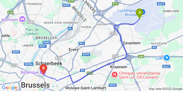 Map: Brussels Zaventem Airport (BRU) to The Liman Hotel, Brussels