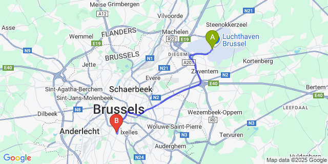 Map: Brussels Zaventem Airport (BRU) to The Neufchatel Belgian Hotel, Brussels