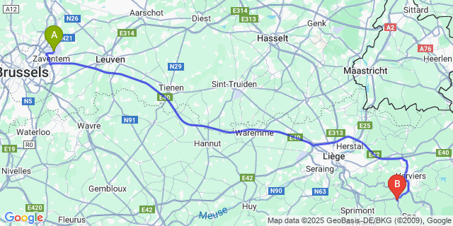 Map: Brussels Zaventem Airport (BRU) to Theux