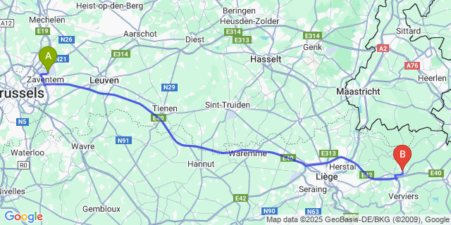 Map: Brussels Zaventem Airport (BRU) to Thimister-Clermont