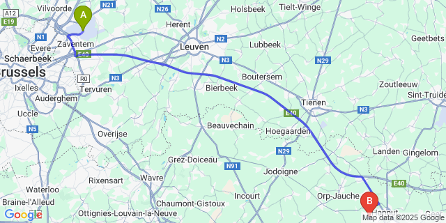 Map: Brussels Zaventem Airport (BRU) to Thisnes